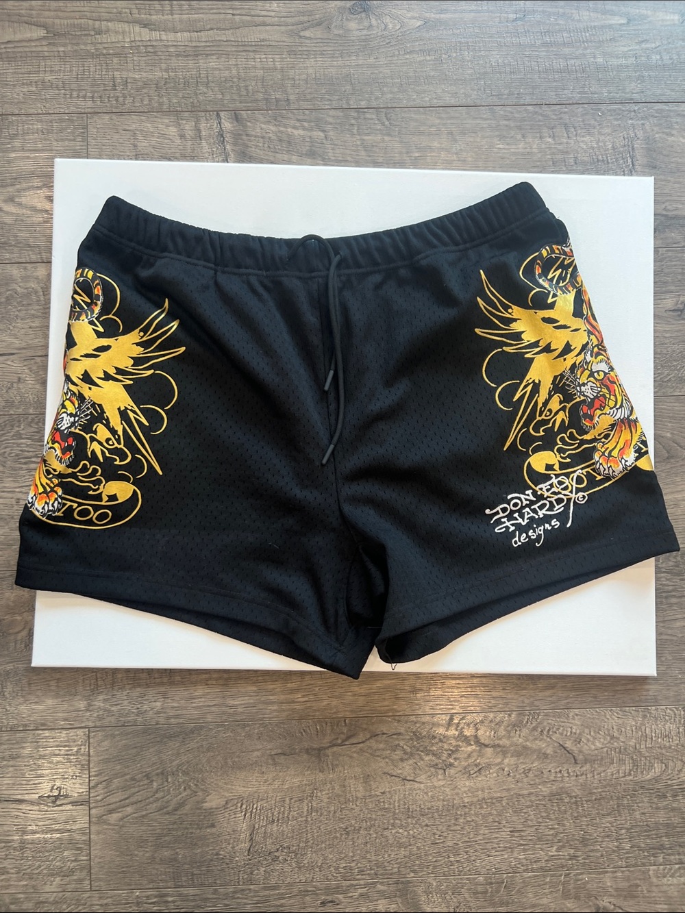 Ed Hardy Black Athletic Shorts with Gold Graphic Accents